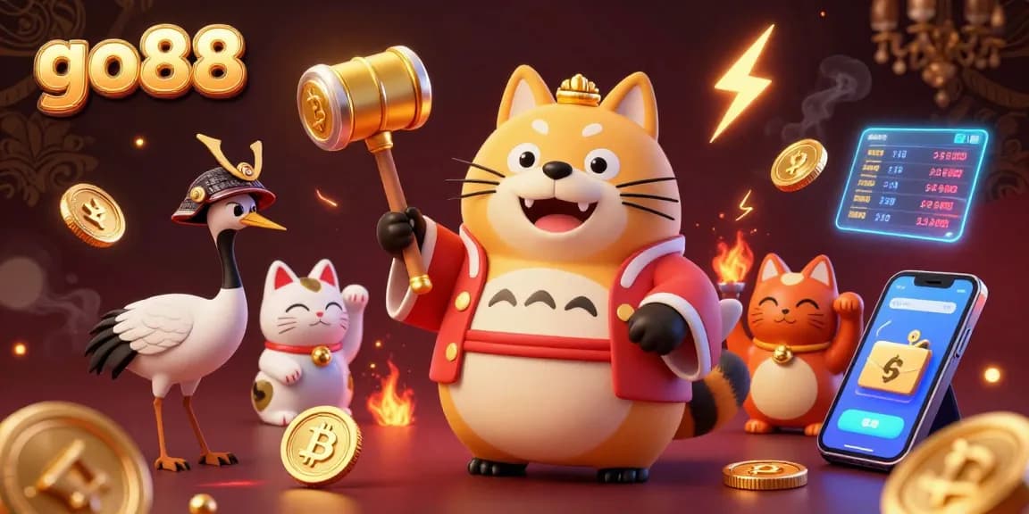 Experience the thrilling gambling world at go88 with vibrant characters and crypto elements in a dynamic 3D scene.