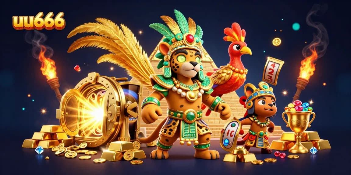 Engage with thrilling slot games at uu666, featuring vibrant 3D characters and golden treasures in a lively casino atmosphere.