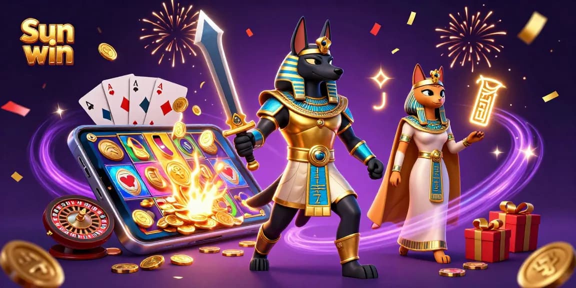 Engage in thrilling gaming excitement with Sun win as Anubis and Bastet celebrate in a vibrant casino.