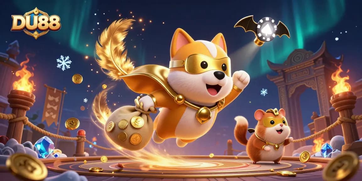 Engage with DU88 as a superhero dog delivers coins amid dazzling casino elements.