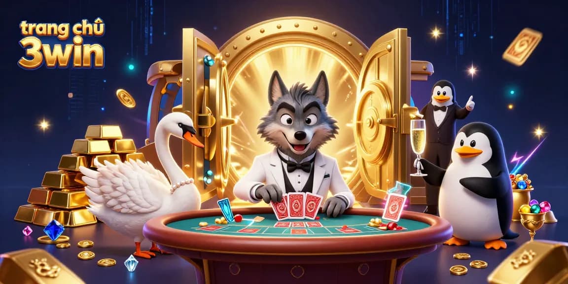 Experience the excitement of trang chủ 3win with engaging characters at a baccarat table amidst a dazzling casino backdrop.