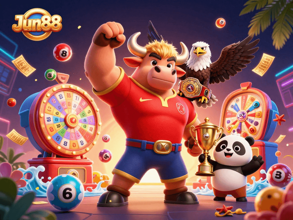Celebrate your wins at Jun88 with vibrant lottery balls, trophies, and exciting games!