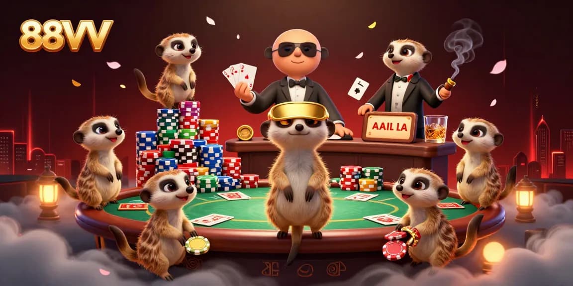 Win big at 88VV's imaginative casino with meerkats, poker tables, and colorful chips.