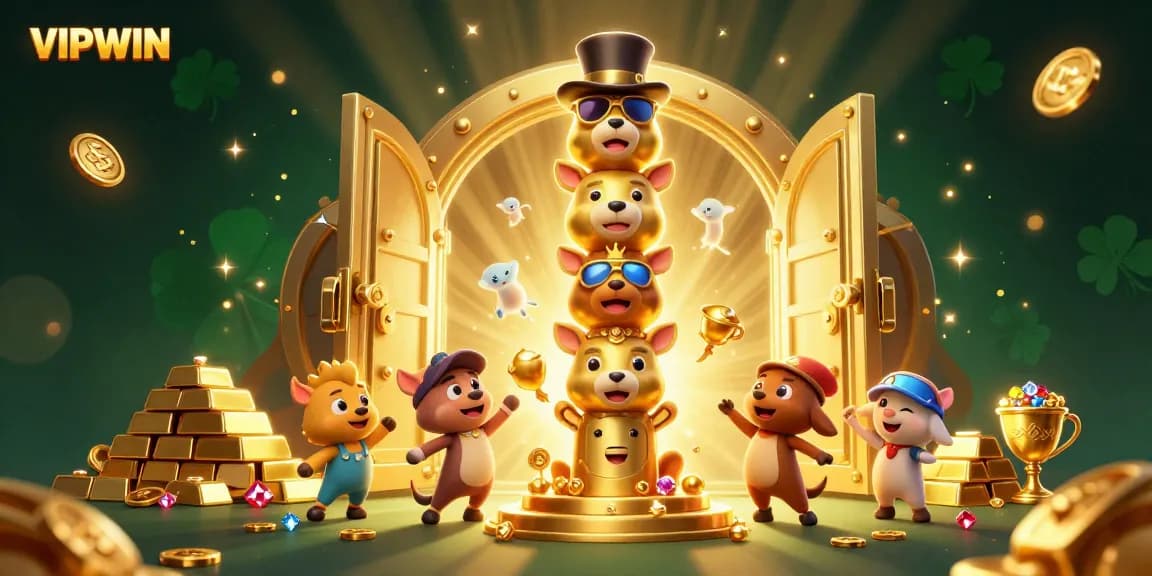 Spin to win with VIPWIN in a vibrant 3D casino scene full of treasures and games.