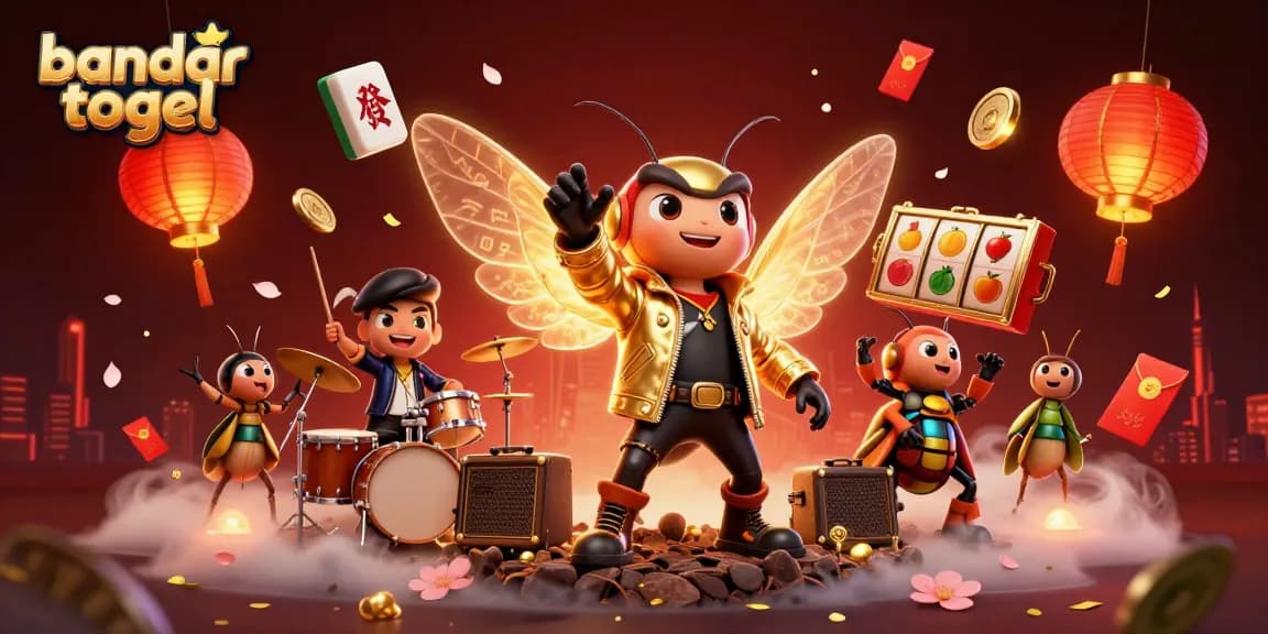 Engage in thrilling bandar togel games with vibrant 3D illustration featuring festive elements and characters.