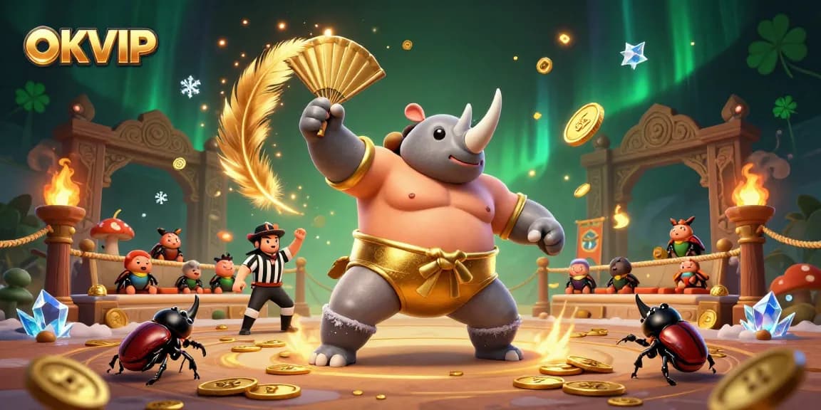 OKVIP showcases thrilling gambling action with a dynamic illustration of beetles in a casino arena.