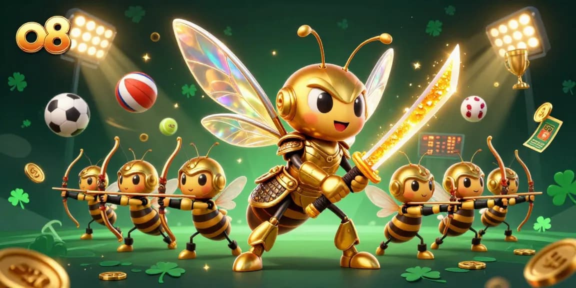 Experience thrilling gameplay at o8 with a dynamic 3D casino scene featuring a golden hornet and sports elements.