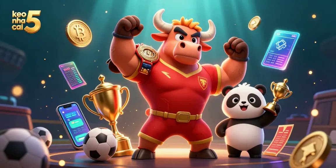 keo nha cai 5 features a strong bull mascot celebrating with a championship eagle, showcasing sports betting excitement.