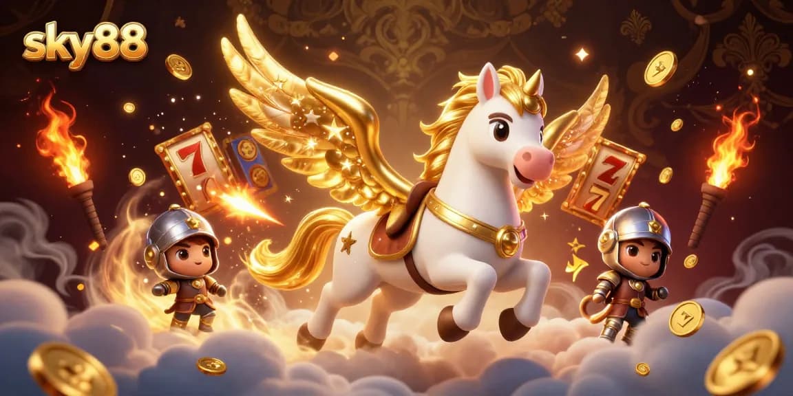 Win big with sky88 in this dynamic 3D illustration featuring a celestial horse, knight, and casino elements.