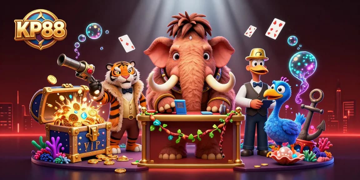 Engage with KP88 as a VIP at the animated casino door led by a bouncer mammoth, showcasing rich gambling elements.