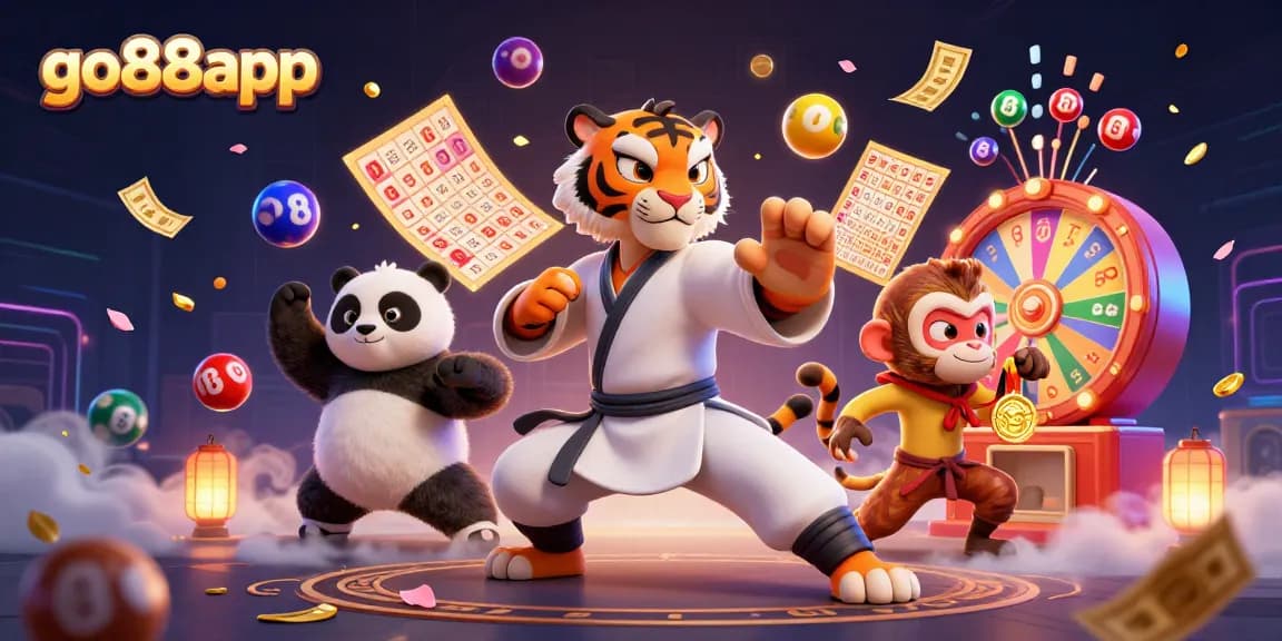 Experience thrilling moments with go88app as our kung fu tiger showcases a stunning crane stance in a lively casino scene.