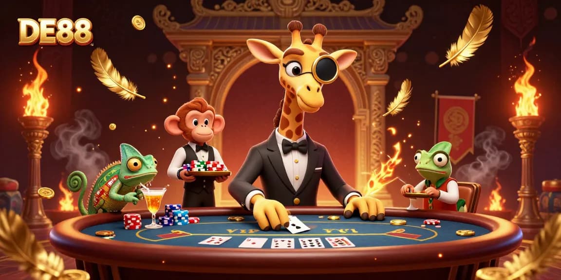 DE88 showcases a vibrant poker scene with a high-roller giraffe, emphasizing engaging gameplay excitement.