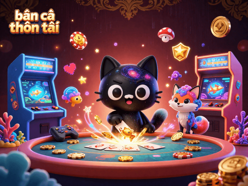 Engage in bắn cá thần tài gameplay with theatrics featuring a cosmic cat and colorful game elements.