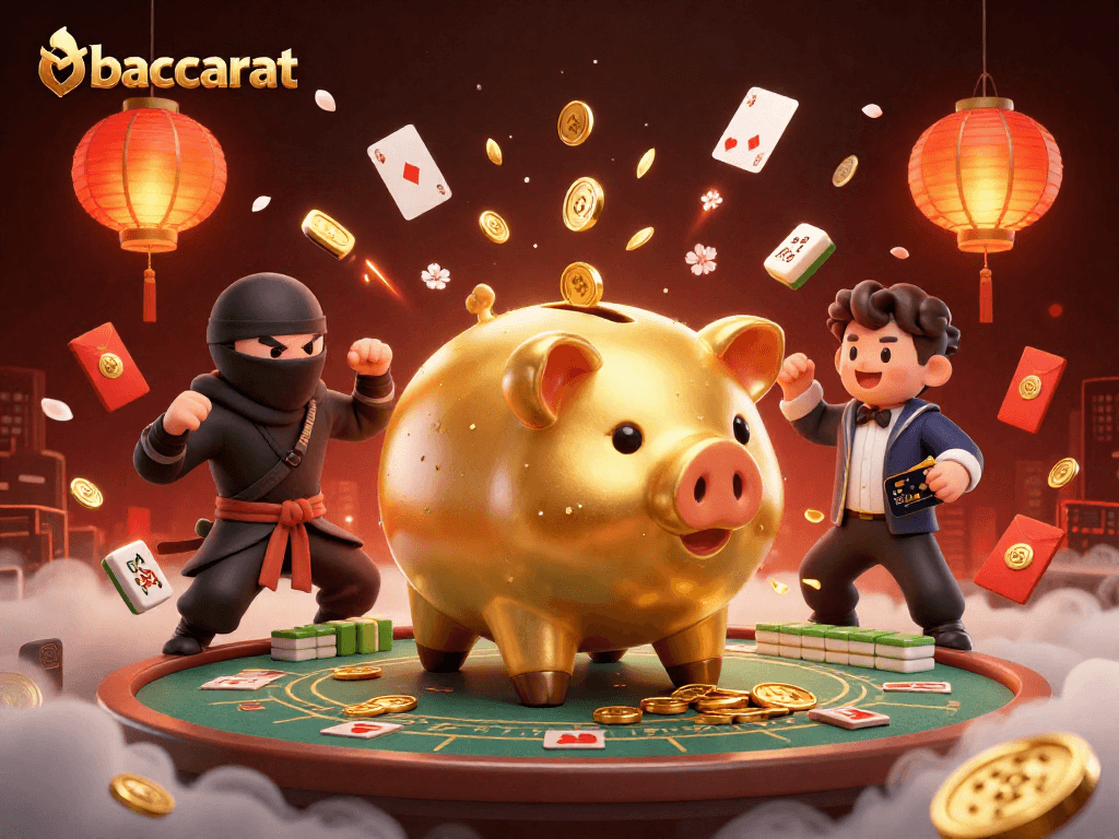 Baccarat game showdown with a golden sumo wrestler, ninja, and samurai amidst floating casino elements.