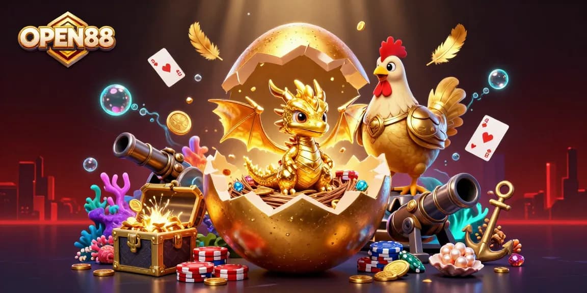 Experience the thrill of OPEN88 with a golden dragon and poker chips in this vibrant illustration.
