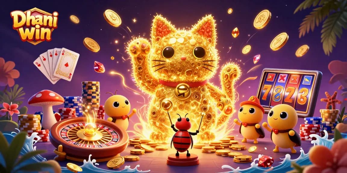 Engage with the exciting Dhani win gaming experience featuring a vibrant lucky cat and casino elements.