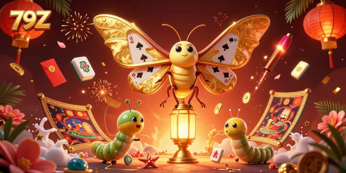 Experience thrilling luck with 79Z in this vibrant casino-themed illustration featuring golden moths and festive elements.