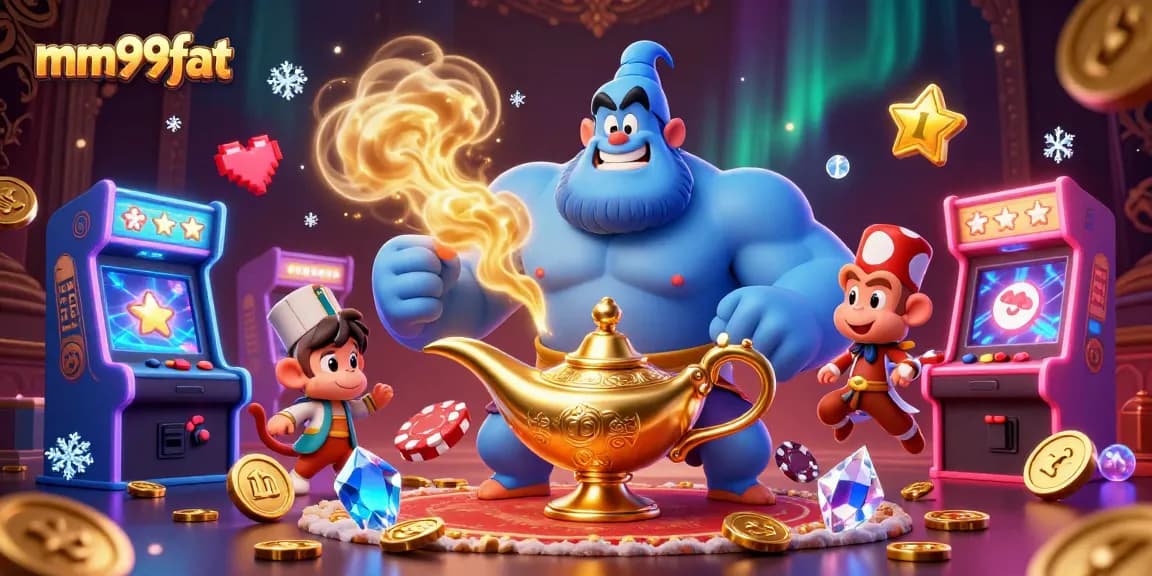 Engage with mm99fat’s vibrant 3D genie illustration showcasing thrilling casino action and colorful gaming elements.