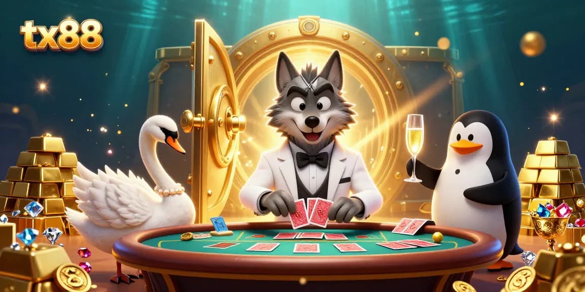 Embrace the thrill of winning at tx88 with a captivating baccarat scene featuring a debonair wolf, elegant swan, and sophisticated penguin.