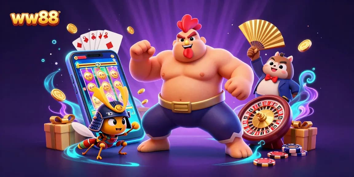 Experience thrilling gameplay at ww88 with a powerful sumo wrestler, samurai cricket, and vibrant gambling elements.