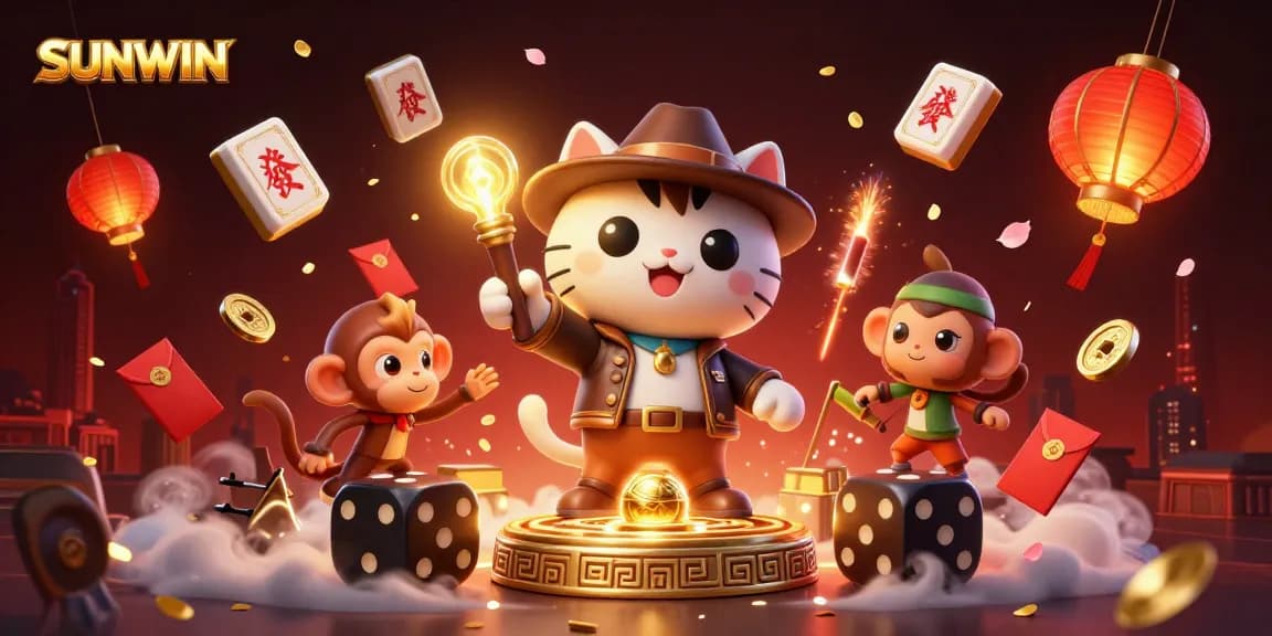 SUNWIN showcases an adventurous scene with an archaeologist cat and a monkey in a vibrant casino treasure hunt.