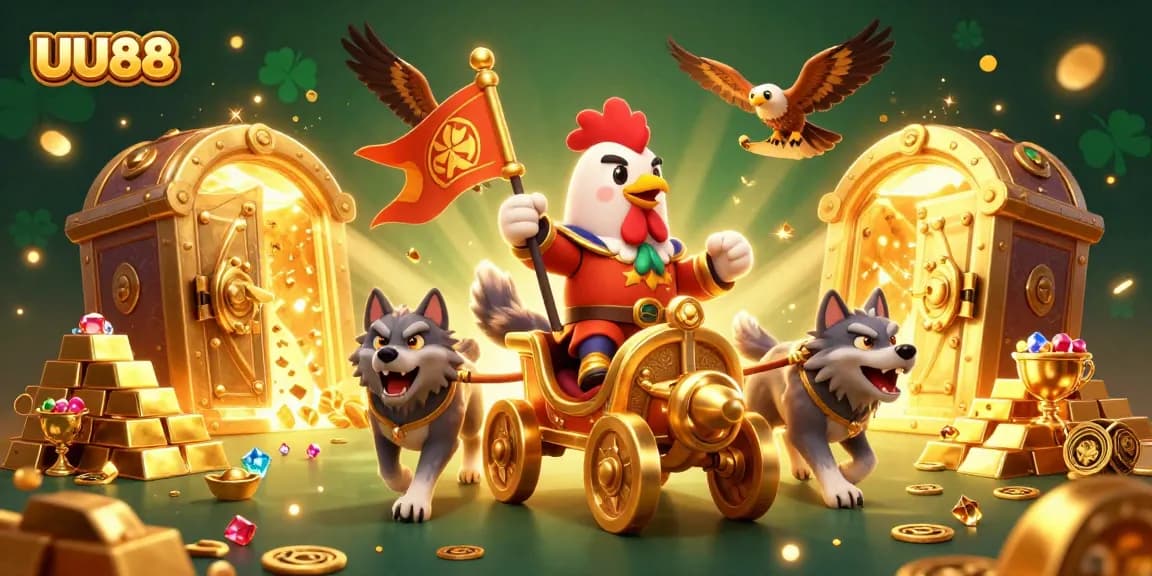 Experience thrilling adventures at UU88 with a cartoon rooster warlord and treasures galore.