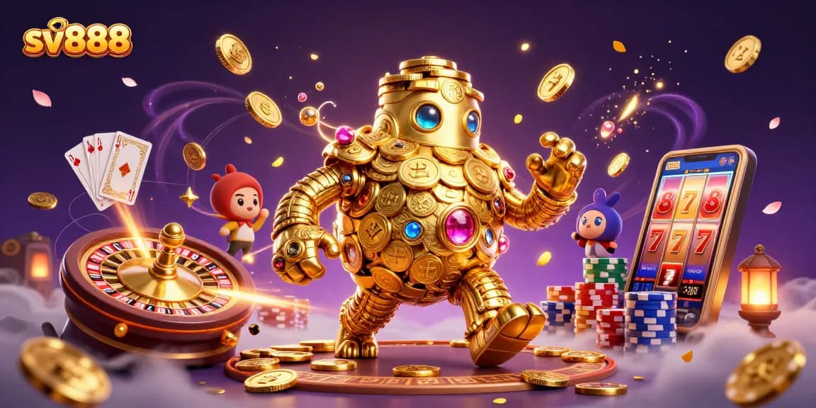 Engage with sv888's casino magic featuring golden golem, coins, and vibrant slot symbols.
