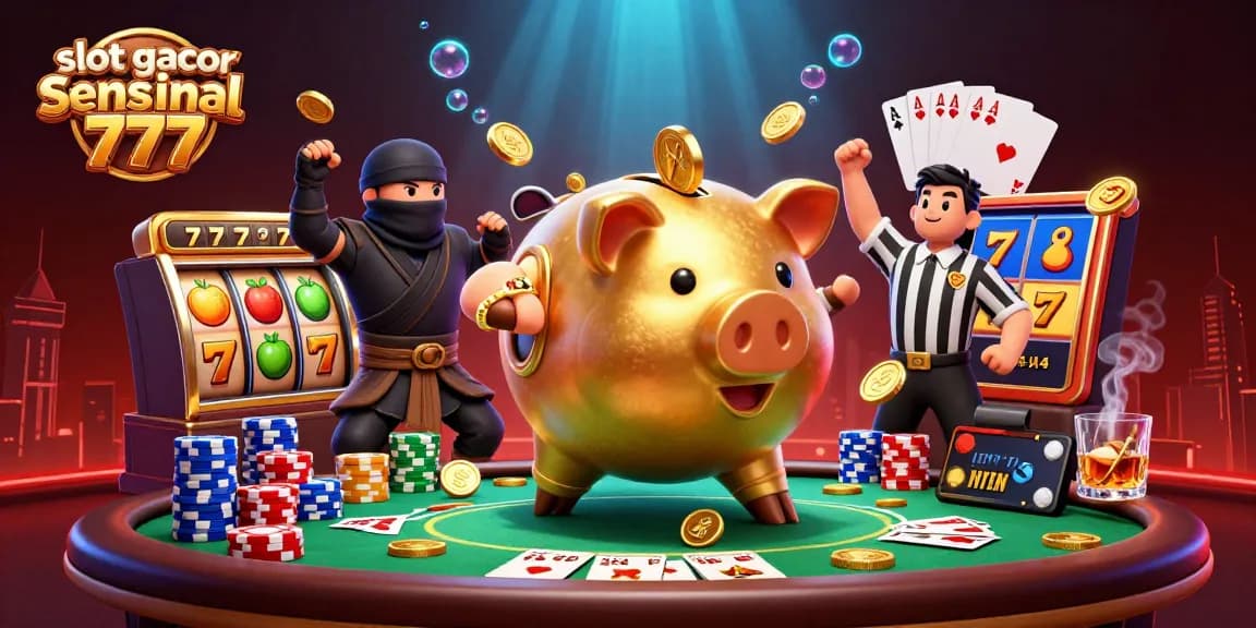 Slot gacor sensasional 777 menampilkan ilustrasi kartun 3D karakter celengan dan ninja dalam aksi menang!