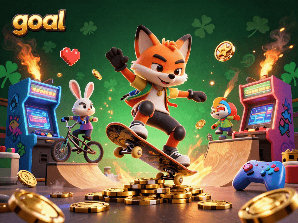 Experience the thrill of the goal game as the skateboarder fox kicks off on golden poker chips.