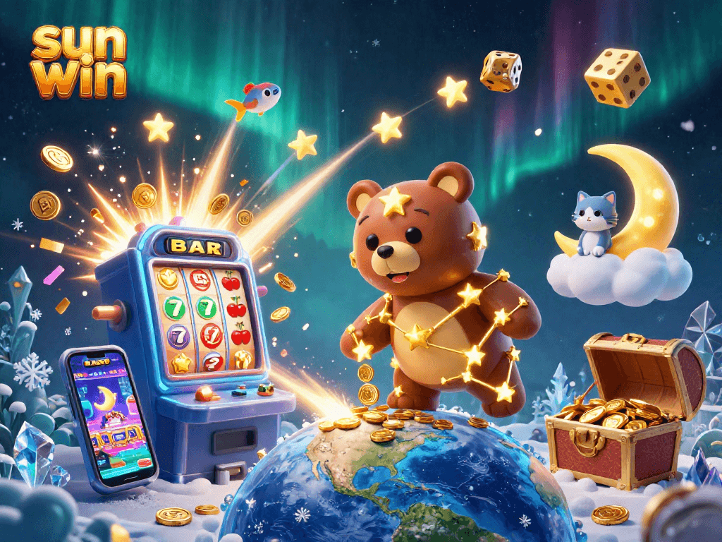 A constellation bear scoops coins in a vibrant casino scene promoting sun win jackpot excitement.