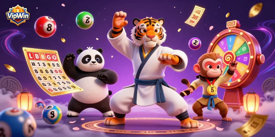 Engage in exciting gameplay with VIPWIN, featuring a 3D cartoon kung fu tiger master in a vibrant casino scene.