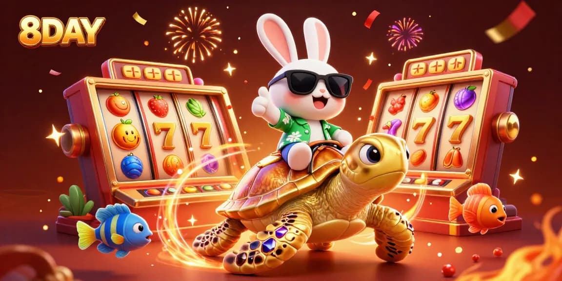 Experience thrilling gameplay with 8DAY, featuring a lucky rabbit and giant turtle in this vibrant casino scene.