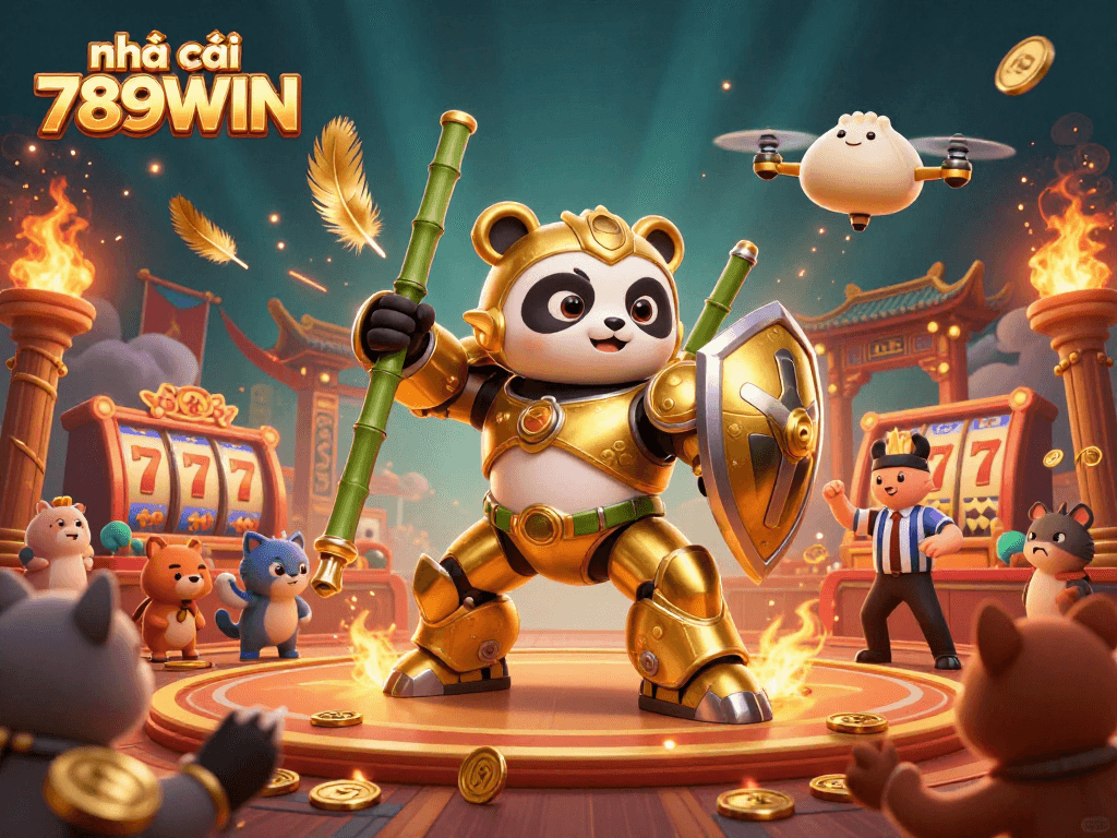 Experience the thrill of the casino with nhà cái 789WIN featuring a mech-suit panda amidst vibrant gaming action.