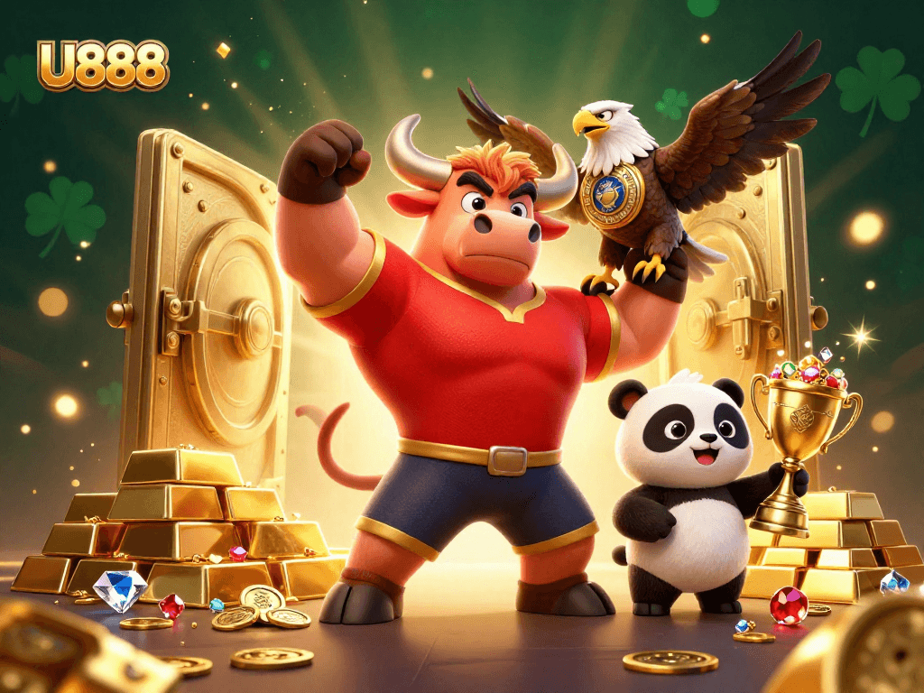 Experience exciting wins at U888: vibrant 3D casino illustration showcasing dynamic characters and winning elements.