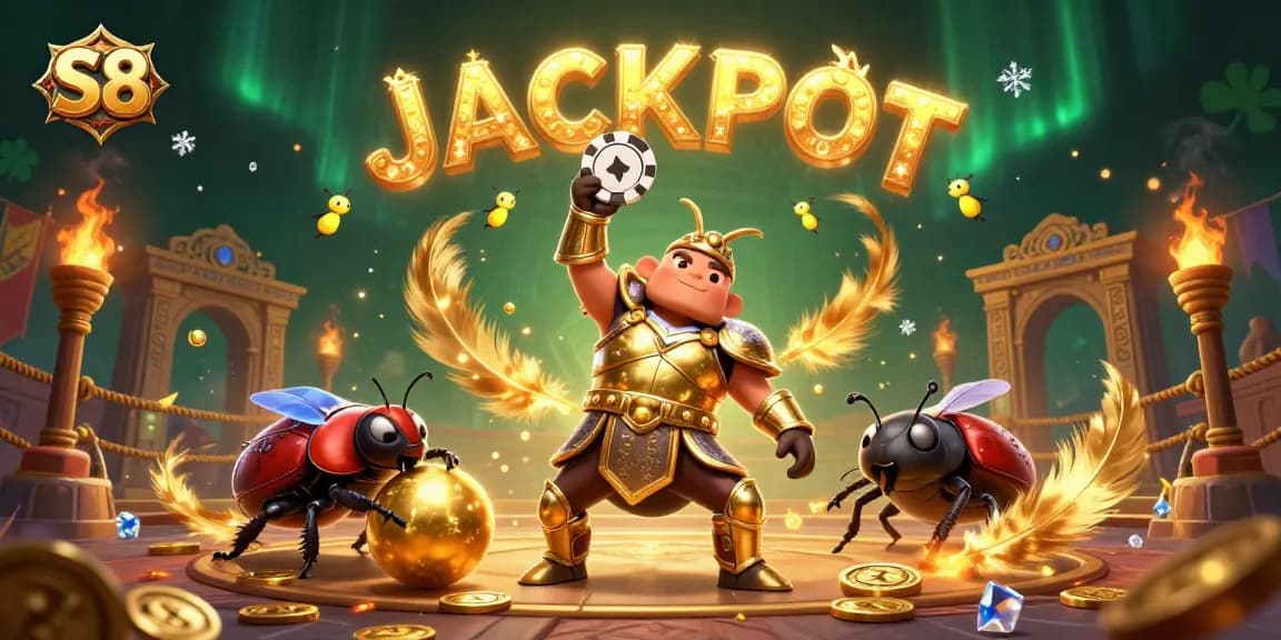 Engage in thrilling S8 games with a victorious beetle and a backdrop of vibrant casino elements.