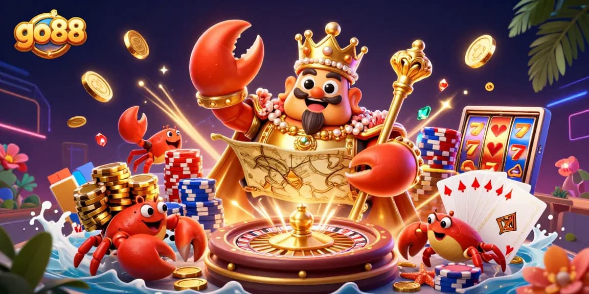 Engage in exhilarating gaming at go88 featuring a golden crab emperor and vibrant casino elements.