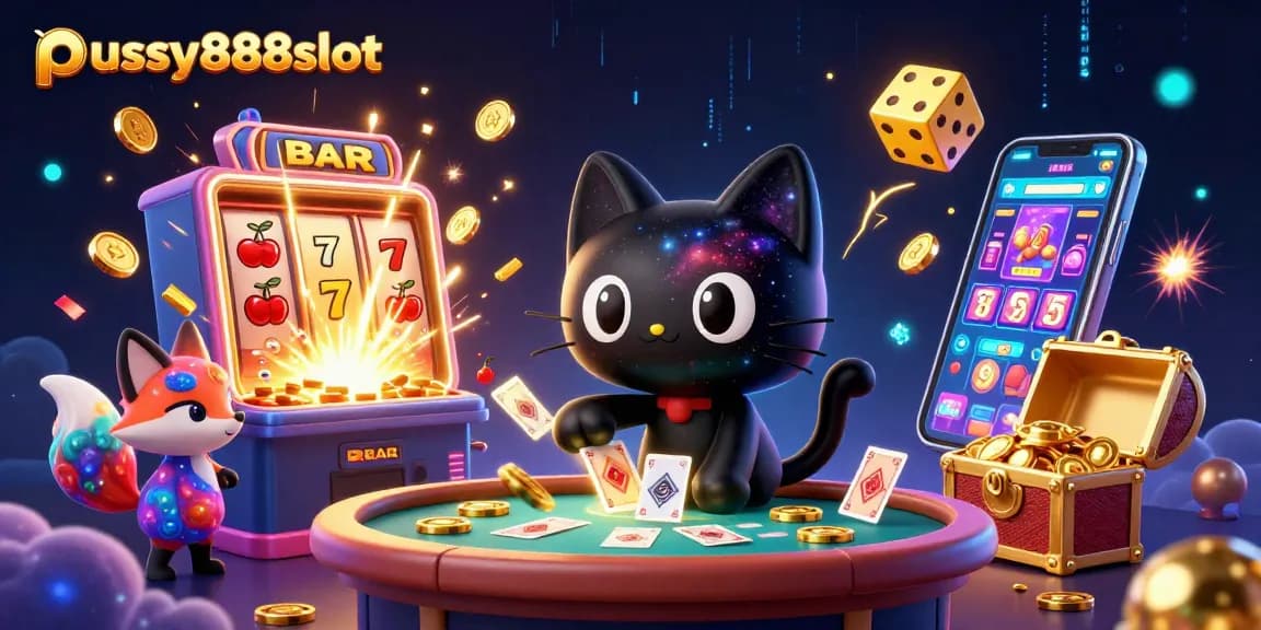 Experience thrilling wins with pussy888slot in this vibrant cosmic casino scene full of exciting elements.