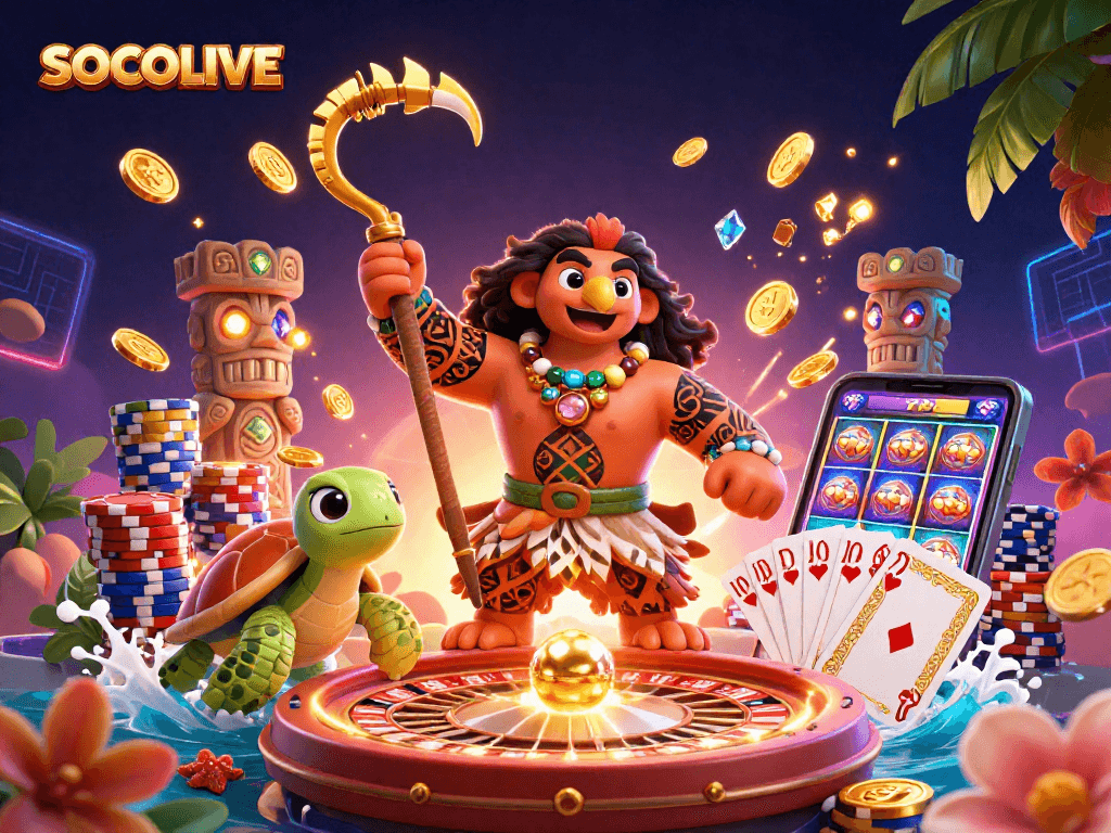 Experience thrilling gambling excitement with SOCOLIVE through vibrant 3D casino elements and characters.