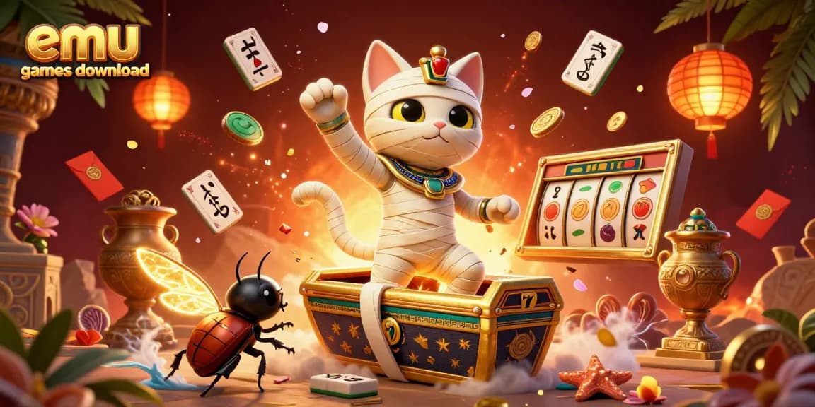 Experience the thrill of emu games download with a vibrant casino scene featuring a mummy cat and gold elements.