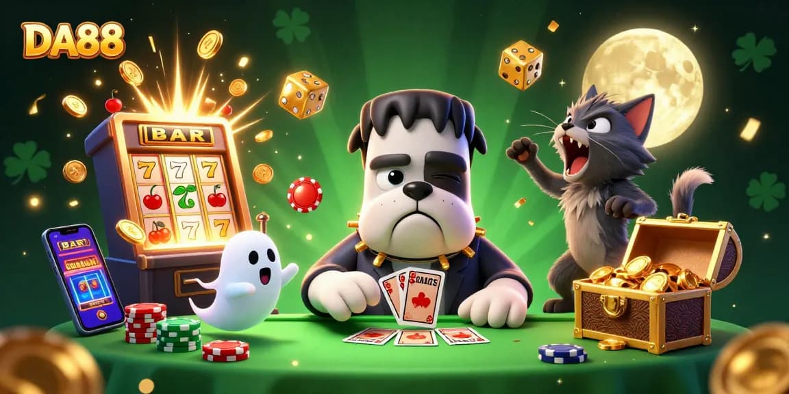 Experience the thrill at DA88 as a Frankenstein bulldog deals cards amidst exploding jackpots.