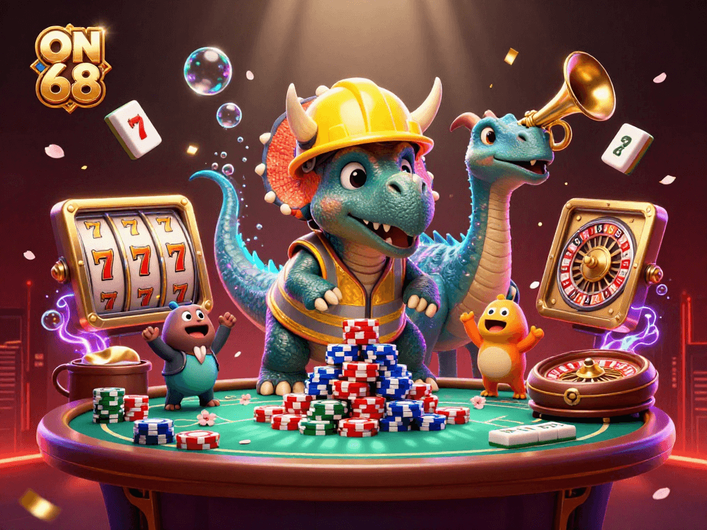 Experience exciting gambling with ON 68 in a vibrant 3D illustration featuring dynamic casino elements.