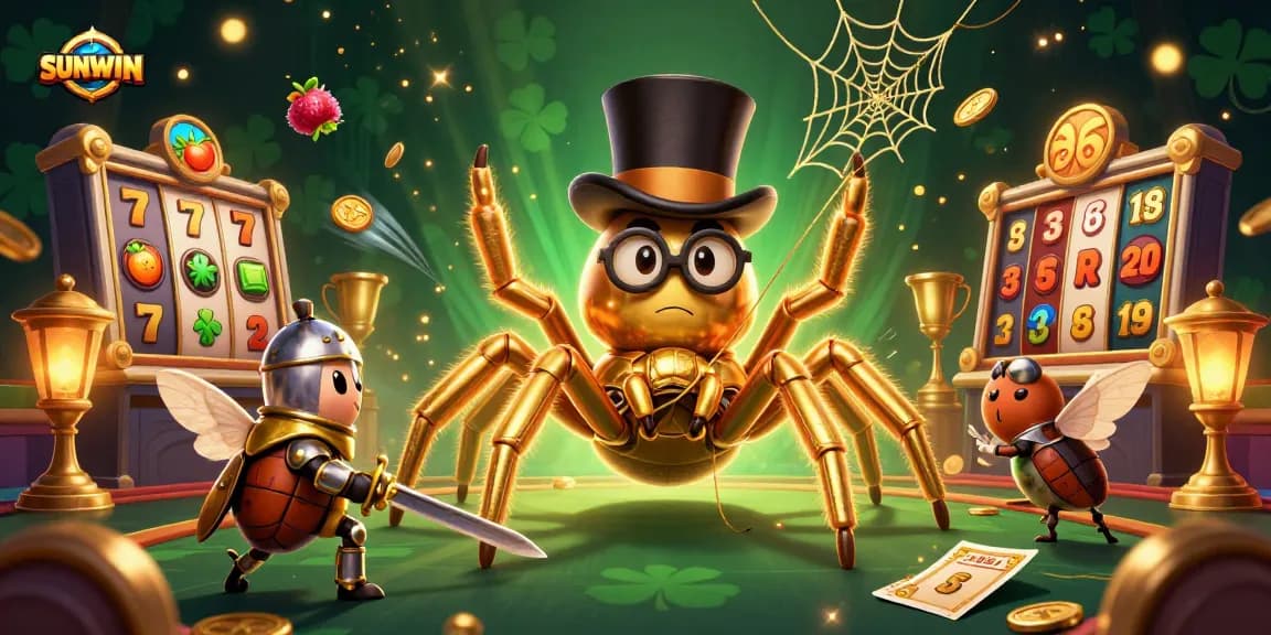 SUNWIN's exciting gaming environment captures a golden tarantula and beetle knight amidst vibrant slot elements and sparkling coins.