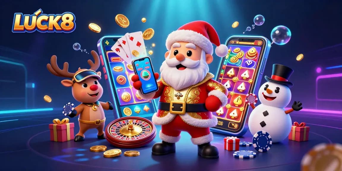 Engage with LUCK8's thrilling casino experience featuring Santa and friends celebrating jackpots!