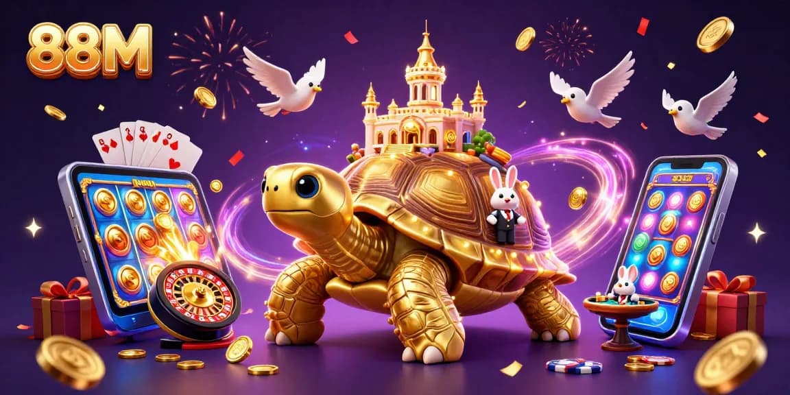 88M showcases a vibrant, gold-themed casino scene with unique characters and dynamic gaming elements.
