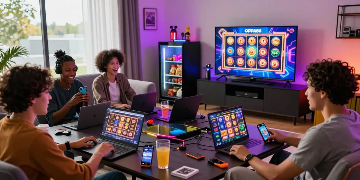 Friends enjoying online slots at OPPA86 in a vibrant living room setting.