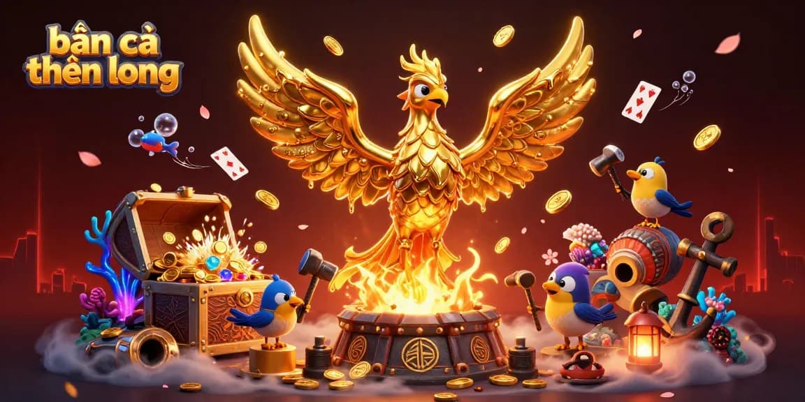 Bắn cá thần long scene with a golden phoenix and sparrow helpers amidst treasure and gaming elements.