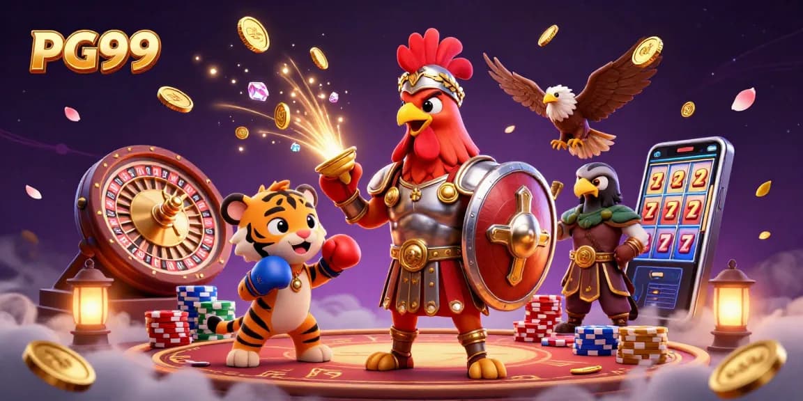 Experience thrilling PG99 live casino gameplay with our unique gladiator and cub illustration.