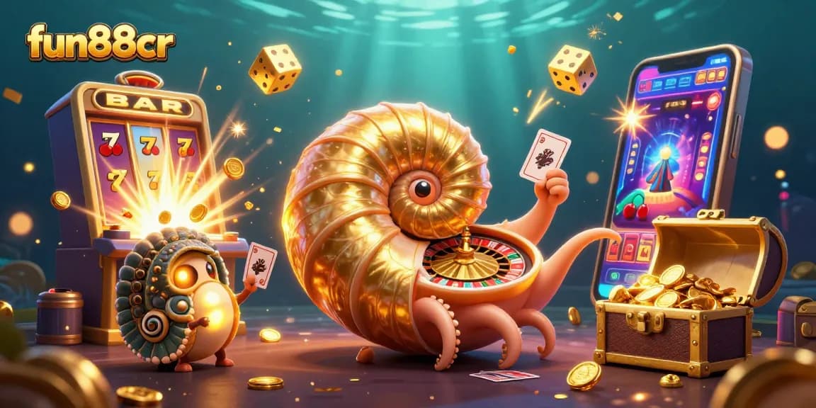 Engage in exciting gaming with fun88cr's vibrant 3D illustration of a jackpot bursting with treasures and casino fun.