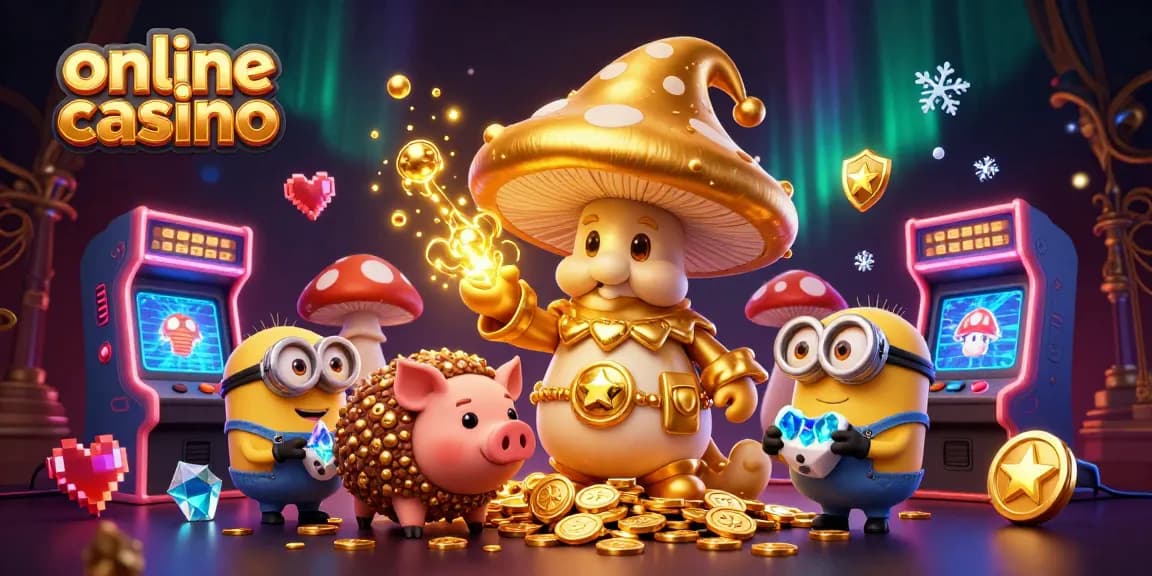 Engaging 3D illustration of an online casino featuring a golden mushroom wizard, pig familiar, and game machines.