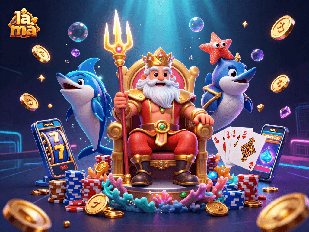 Experience la mã through a lively casino scene with Neptune, coins, and slot reels.